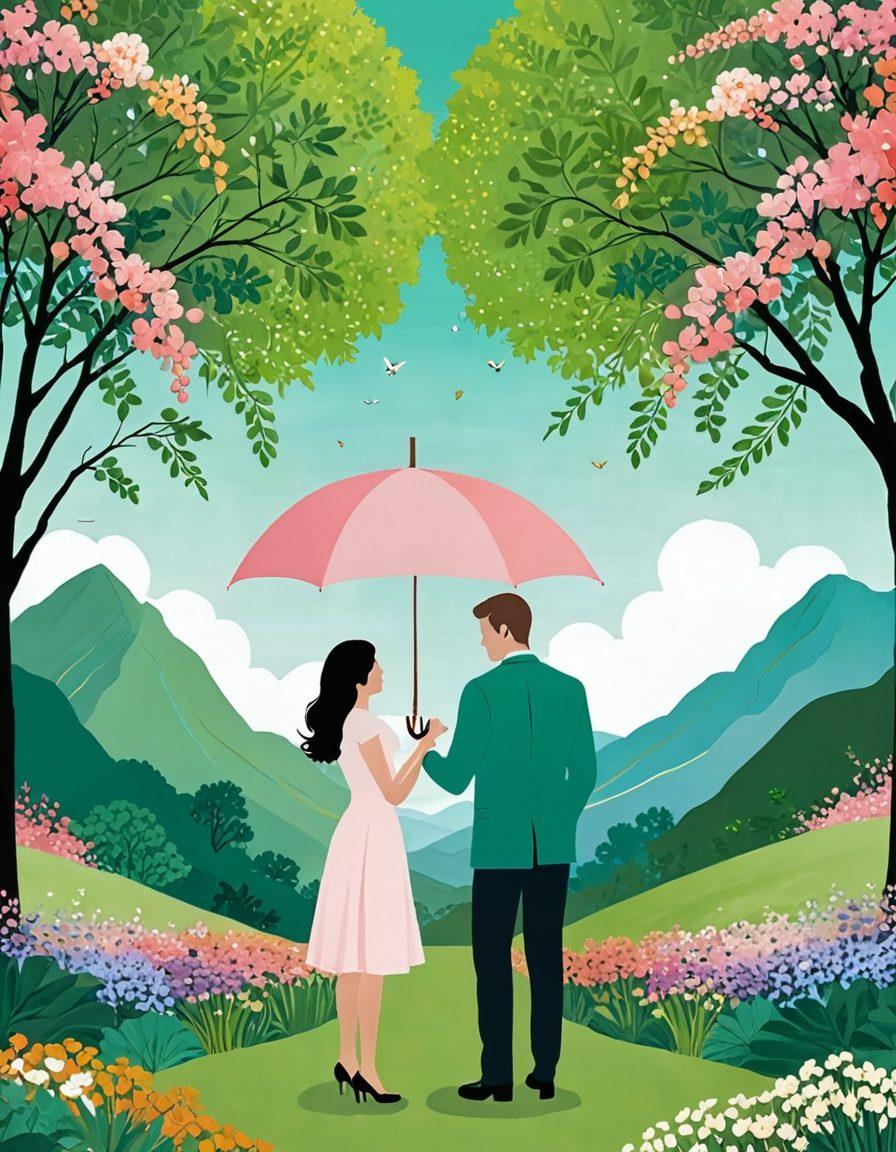 A warm, loving couple standing together under a large, protective umbrella shaped like a heart, symbolizing financial security and affection. Surround them with soft pastel colors and subtle symbols of finance such as coins and dollar signs gently floating around. The background features a serene landscape filled with blooming flowers and green hills, representing growth and harmony in partnerships. Create a comforting and inviting atmosphere. super-realistic. vibrant colors.