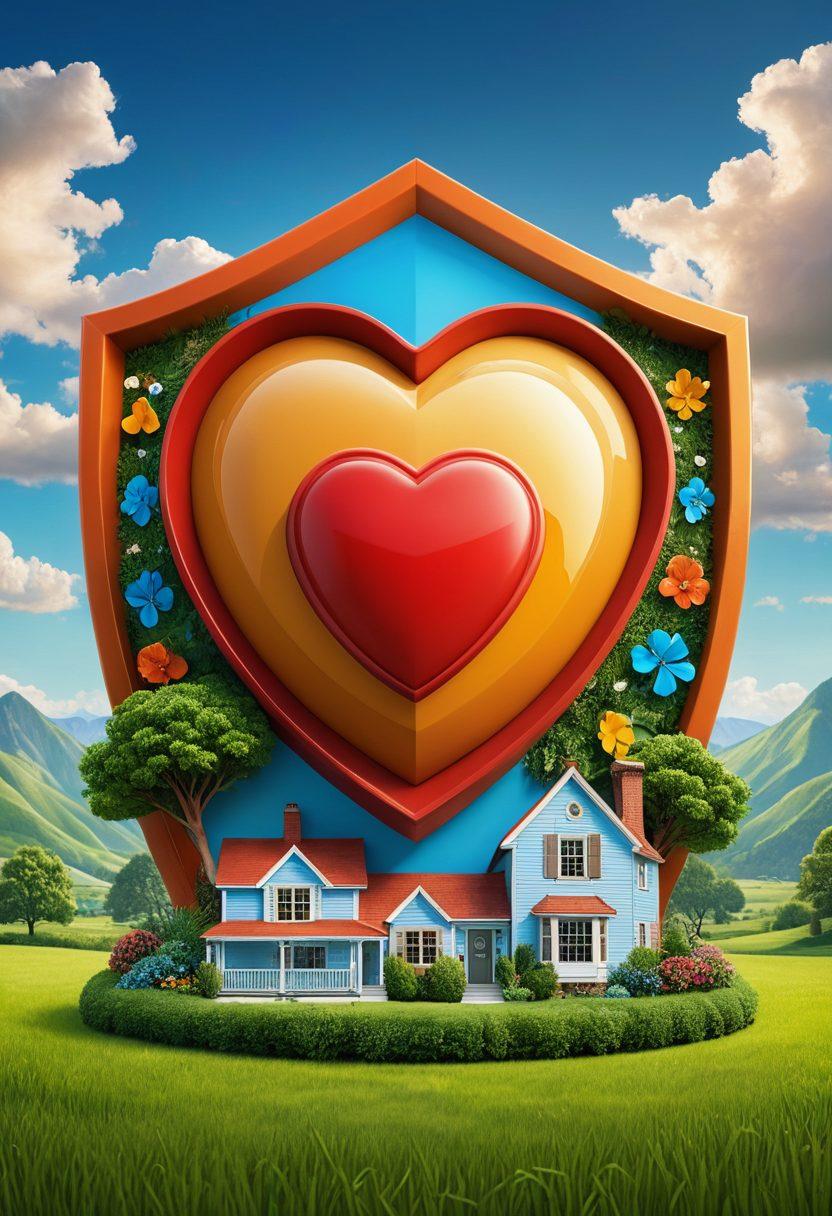 A heart-shaped shield symbolizing love and protection, surrounded by icons of various insurance policies like health, home, and auto. The background features a serene landscape illustrating financial security, with a bright blue sky and lush green fields. Include subtle hints of paperwork and calculators to represent financial planning. Create a warm and inviting atmosphere. super-realistic. vibrant colors. 3D.